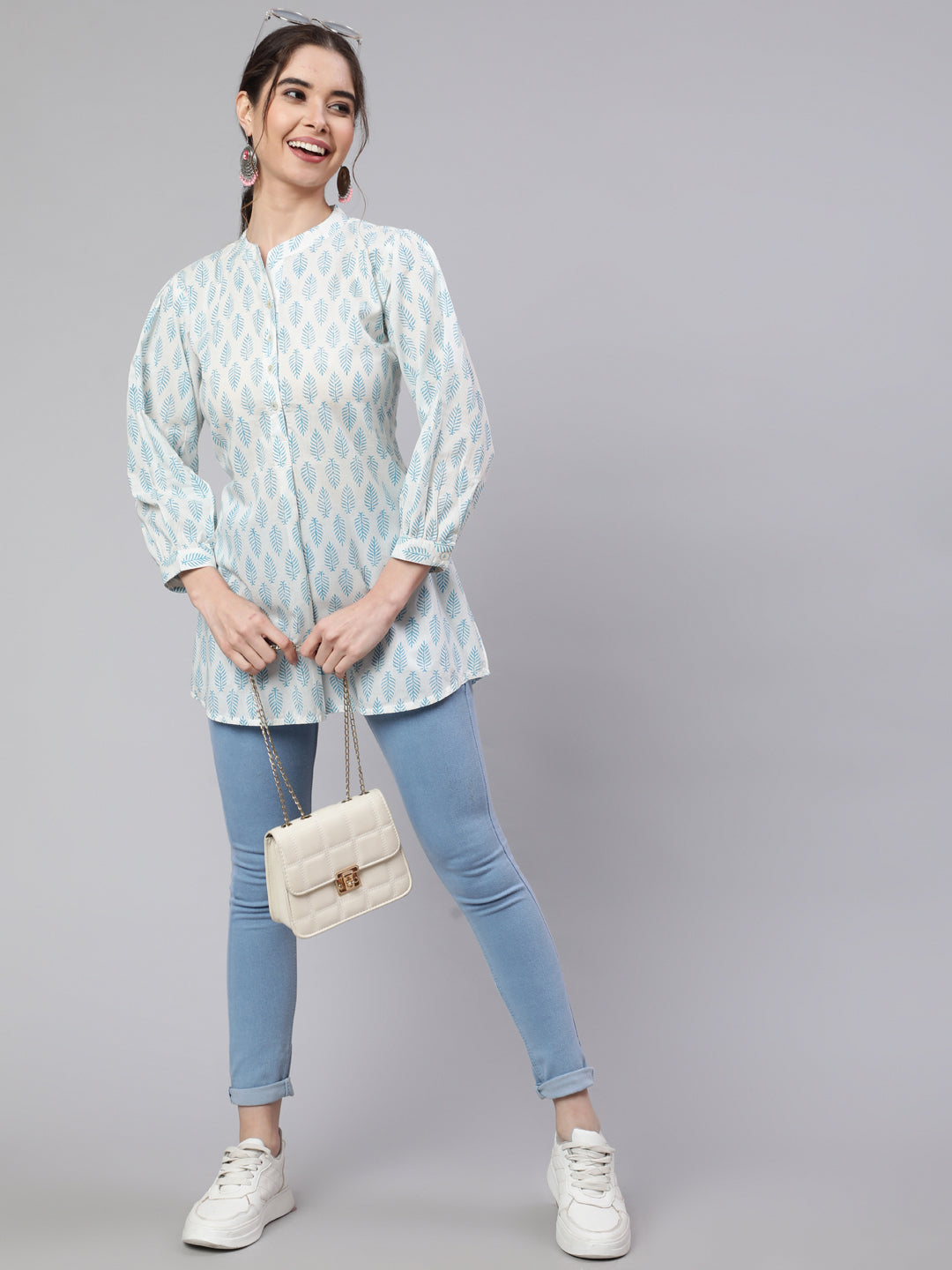 White And Turquoise Blue Printed Pleated Top