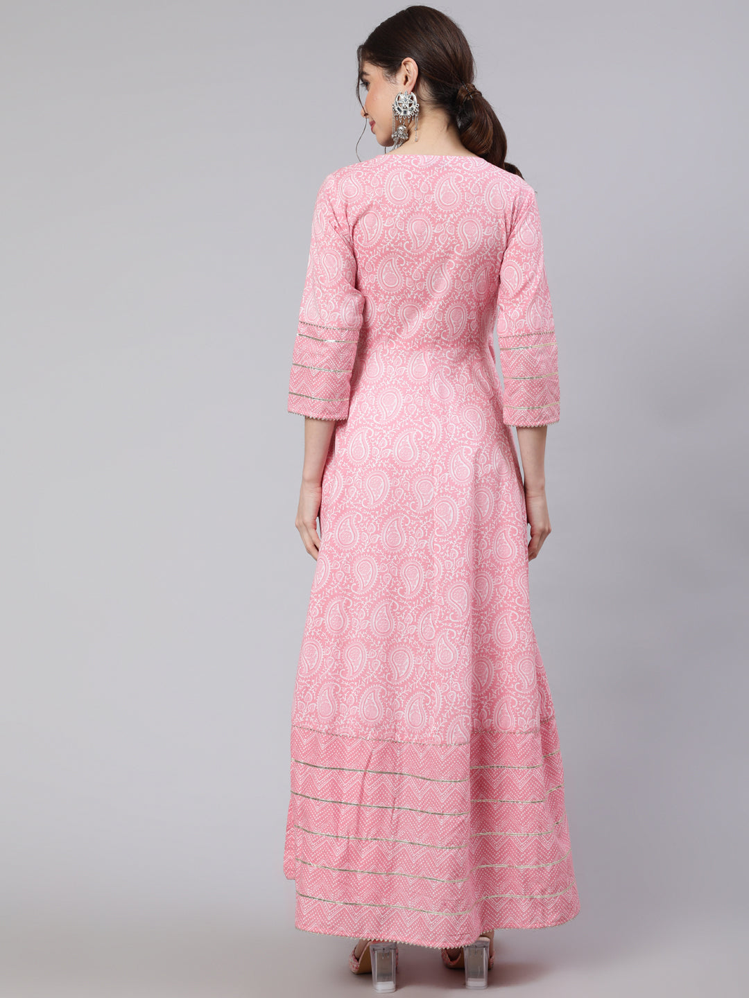 Women Pink Ethnic Printed Angrakha Style Kurta With Lace Detailing