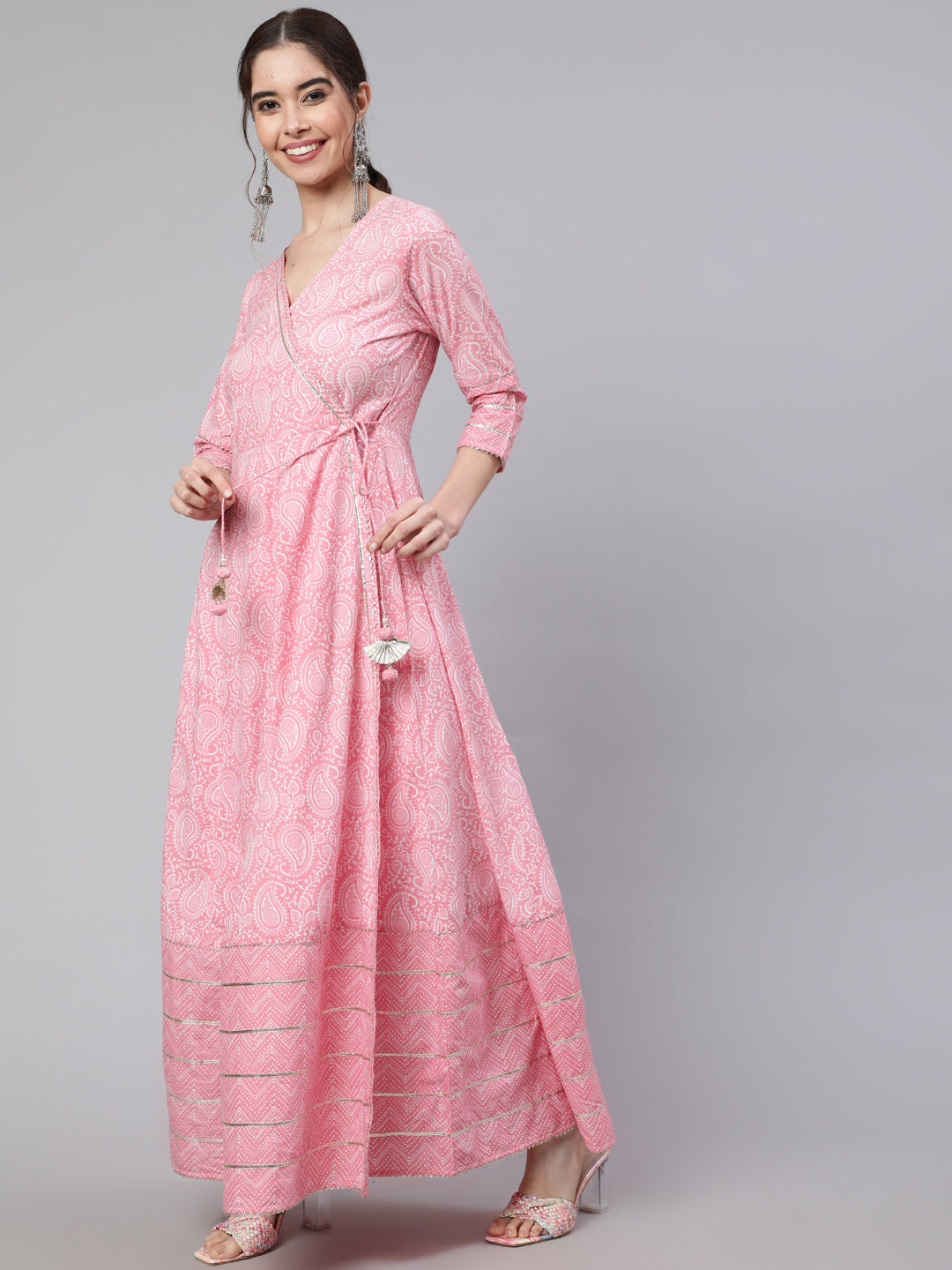 Women Pink Ethnic Printed Angrakha Style Kurta With Lace Detailing