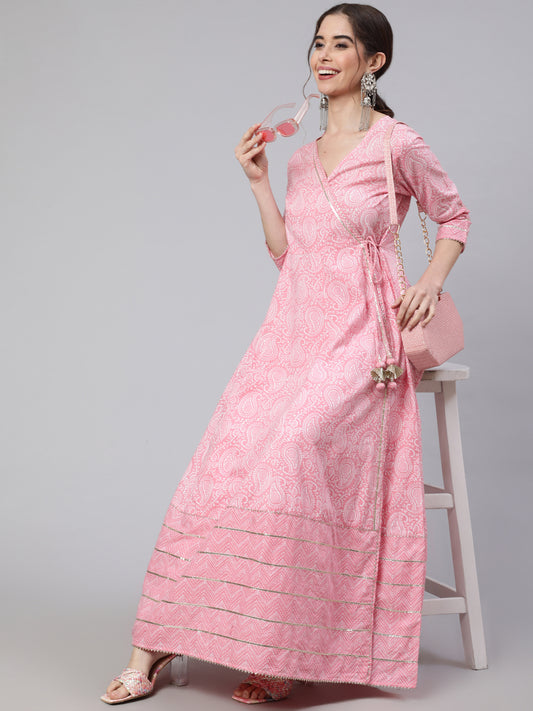 Women Pink Ethnic Printed Angrakha Style Kurta With Lace Detailing