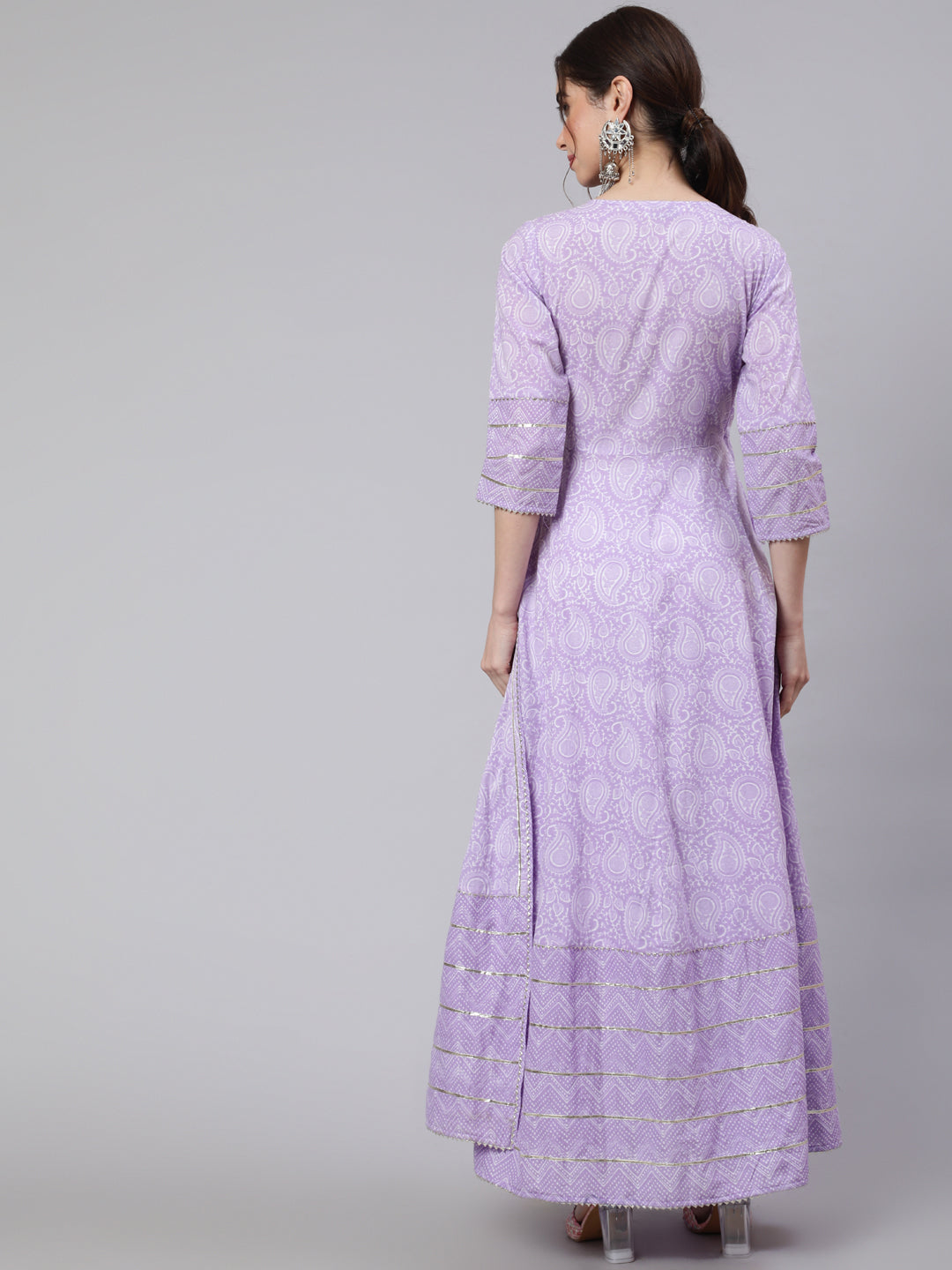 Women Lavender Ethnic Printed Angrakha Style Kurta With Lace Detailing