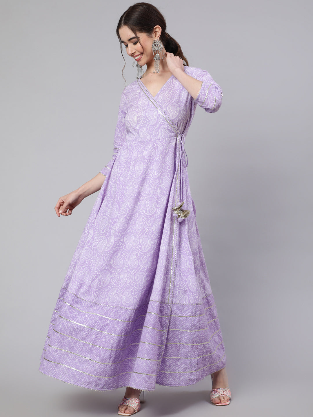 Women Lavender Ethnic Printed Angrakha Style Kurta With Lace Detailing