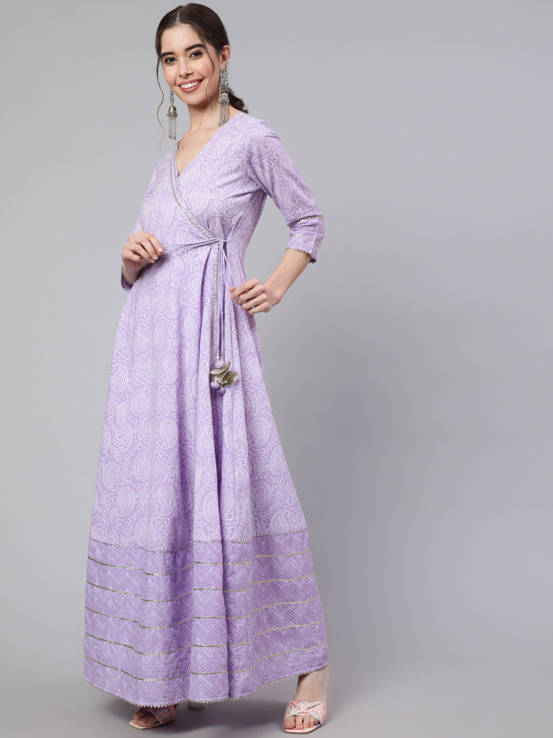 Women Lavender Ethnic Printed Angrakha Style Kurta With Lace Detailing