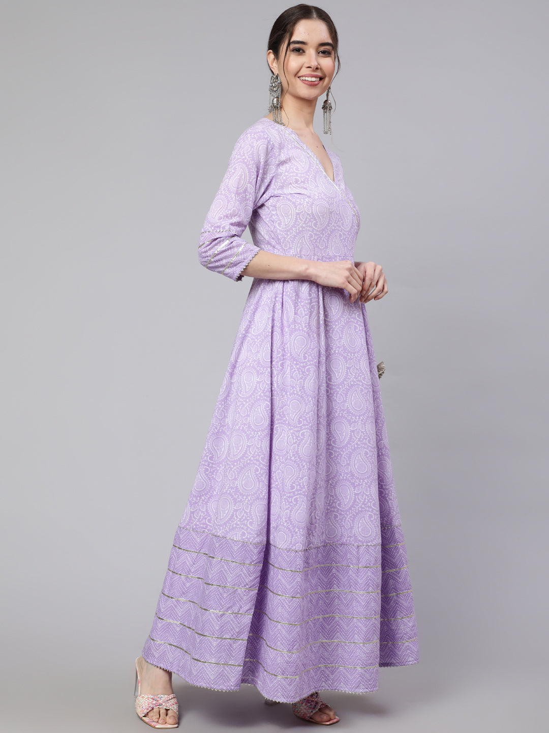 Women Lavender Ethnic Printed Angrakha Style Kurta With Lace Detailing