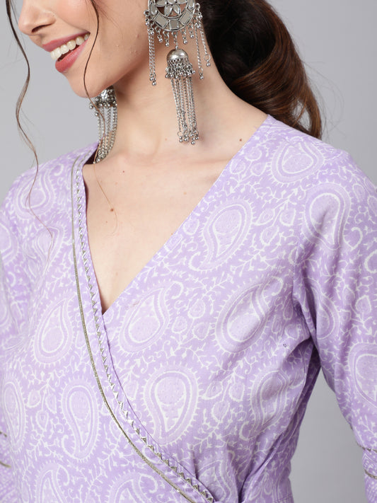 Women Lavender Ethnic Printed Angrakha Style Kurta With Lace Detailing