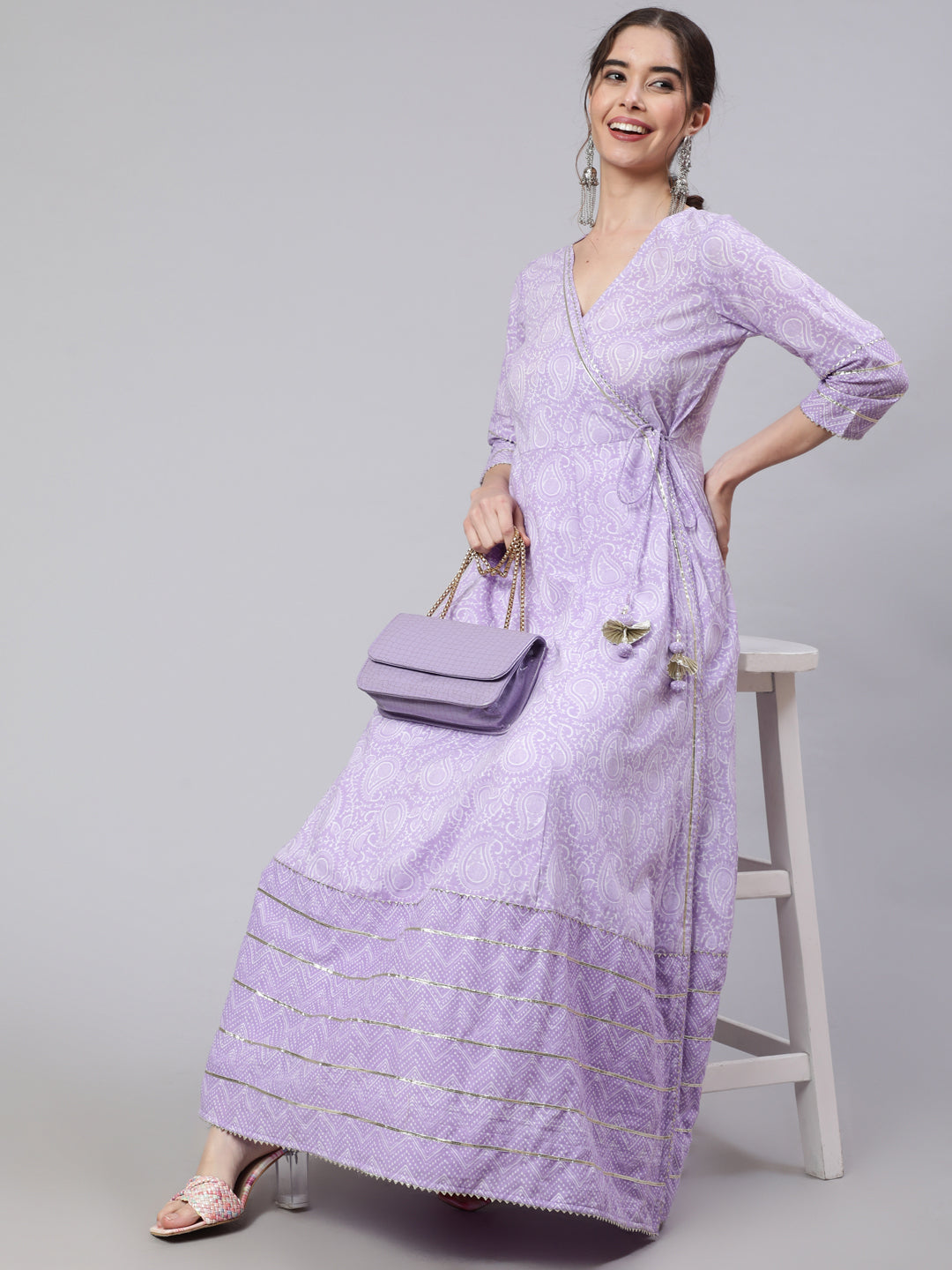 Women Lavender Ethnic Printed Angrakha Style Kurta With Lace Detailing