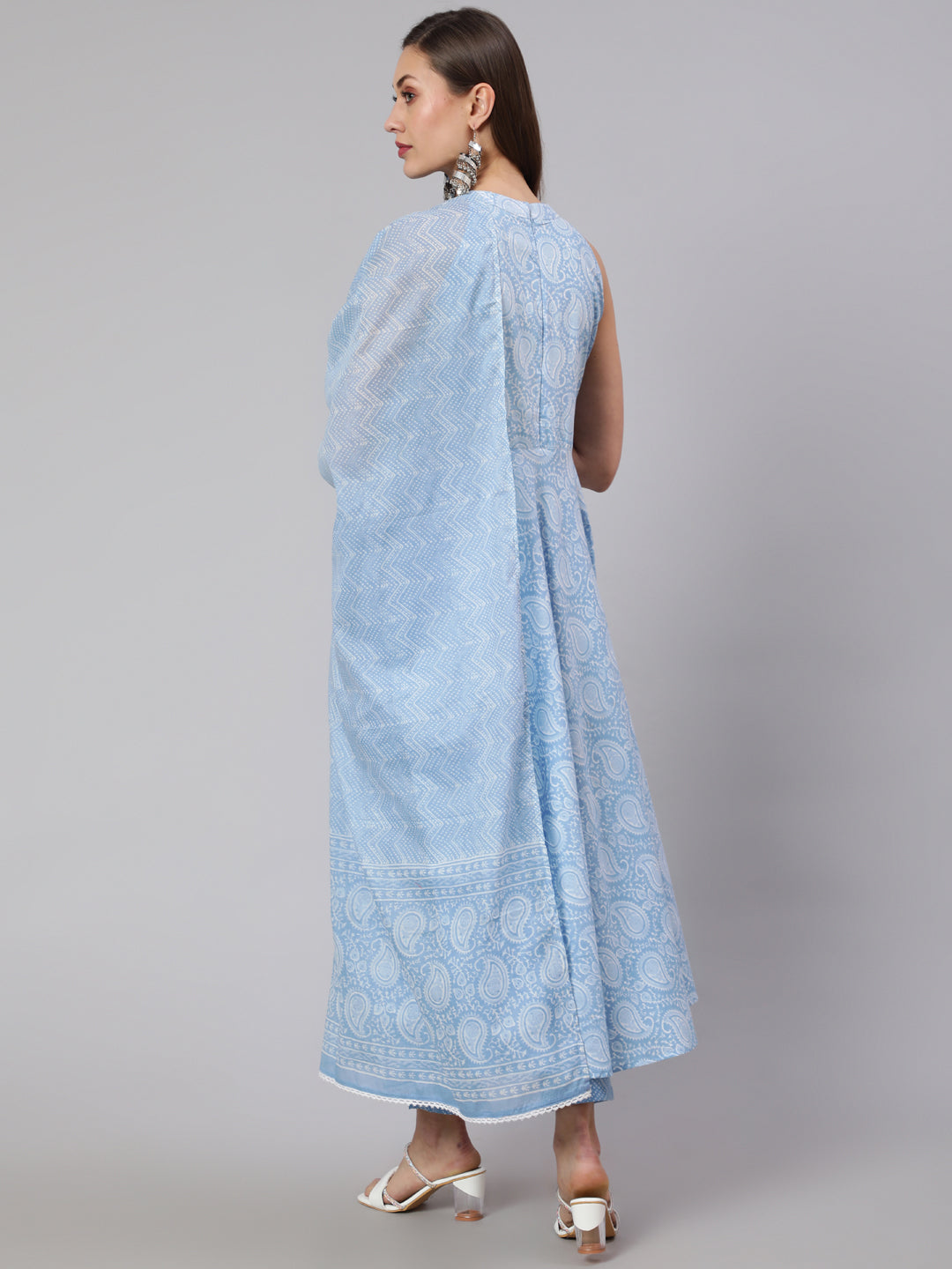 Women Blue Printed Halter Neck Fit & Flared Kurta With Printed Pant & Dupatta With Lace Taping