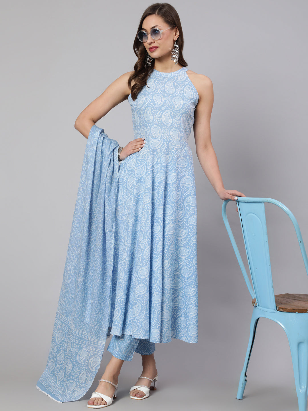 Women Blue Printed Halter Neck Fit & Flared Kurta With Printed Pant & Dupatta With Lace Taping