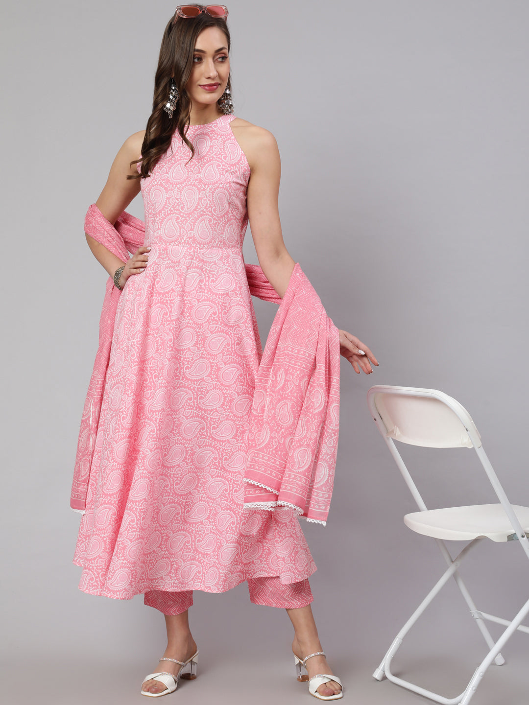 Women Pink Printed Halter Neck Fit & Flared Kurta With Printed Pant & Dupatta With Lace Taping