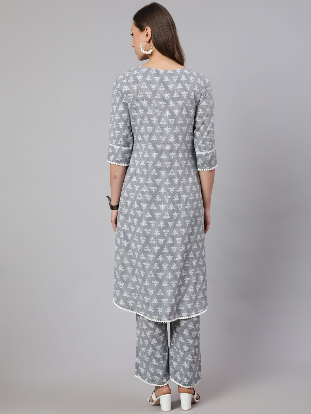 Grey Woven Asymmetric Hemline Printed Kurta With Tulip Palazzo