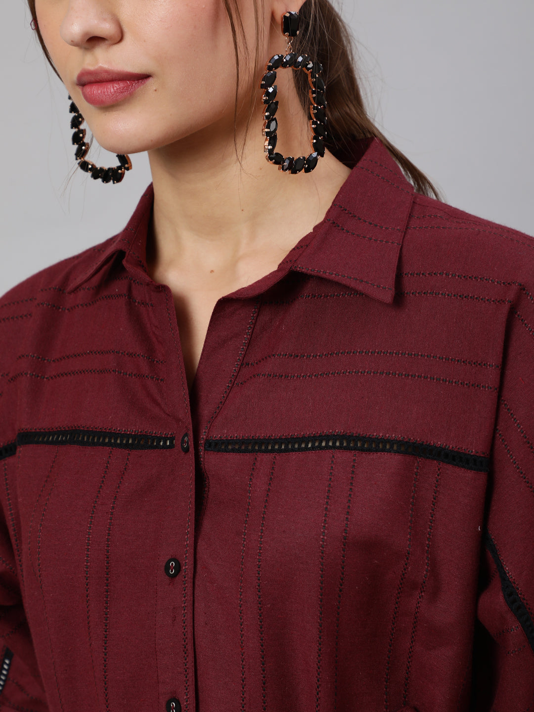 Maroon Self Weaved Shirt Dress