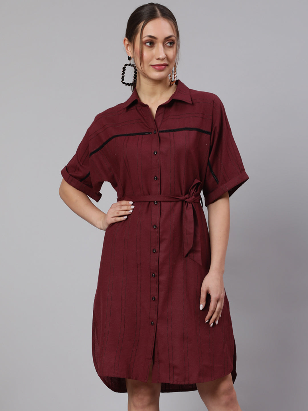 Women Maroon Self Weaved Shirt Collar Dress