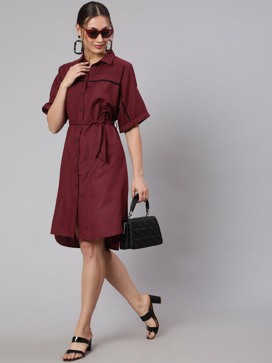 Maroon Self Weaved Shirt Dress