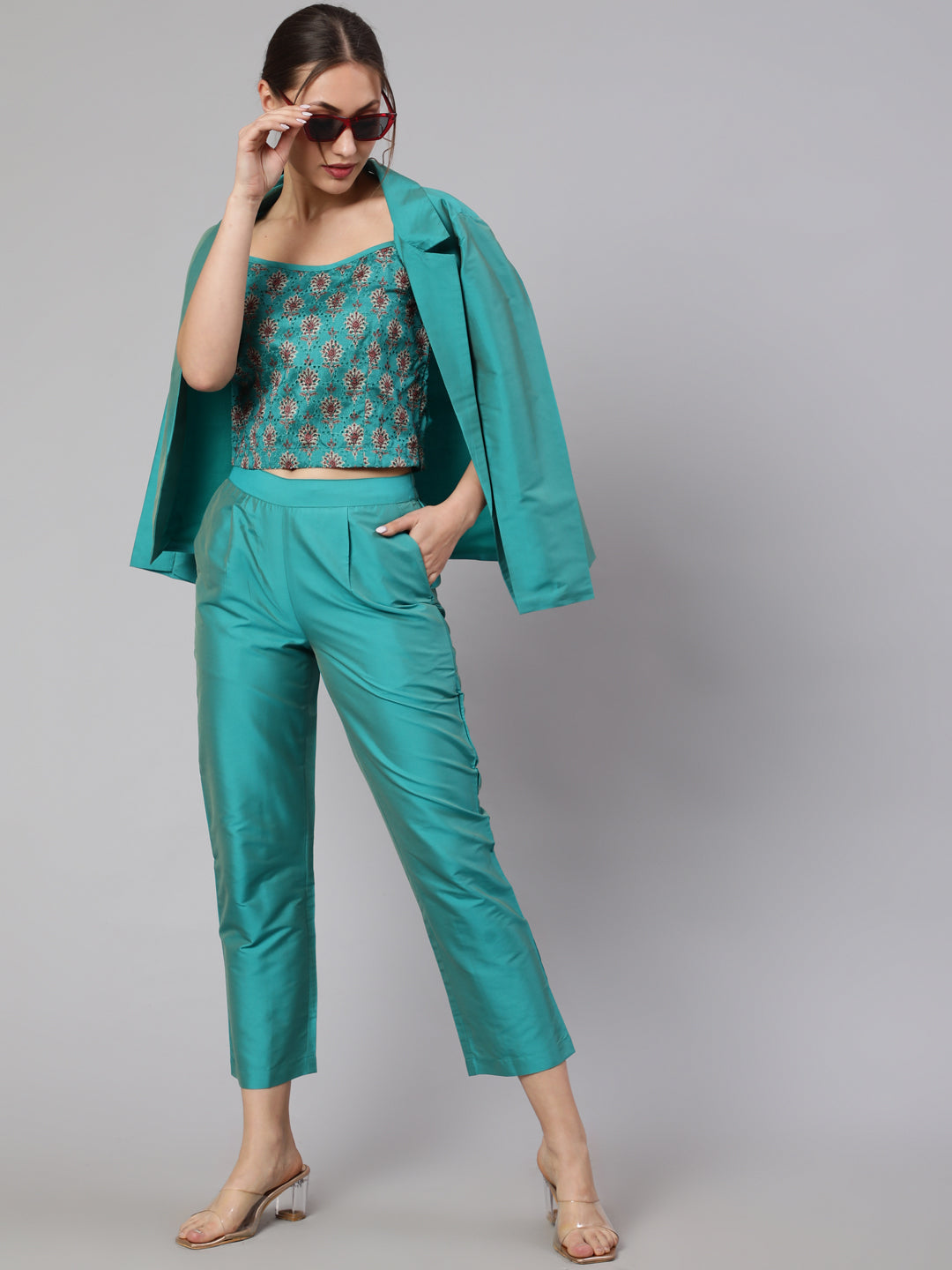 Women Turquoise Blue Co-Ord Set Has Schiffli Crop Top,Solid Jacket & Pant