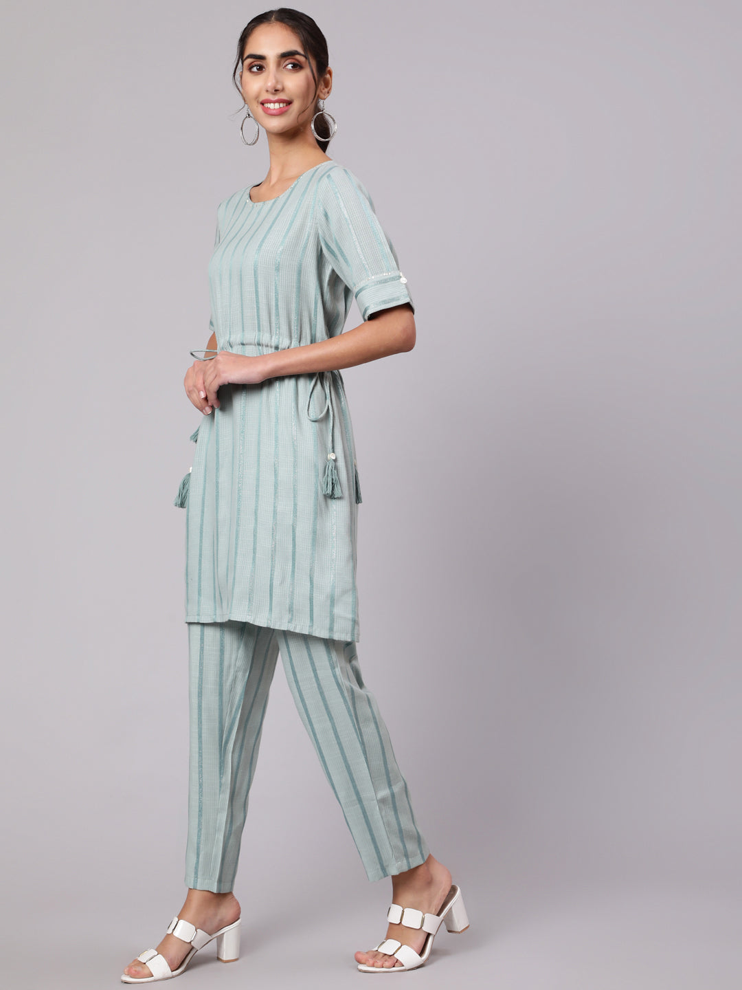 A Blue Rayon Self Weave Embellished Co-Ord Set With A Short Straight Kurta And Straight Pants
