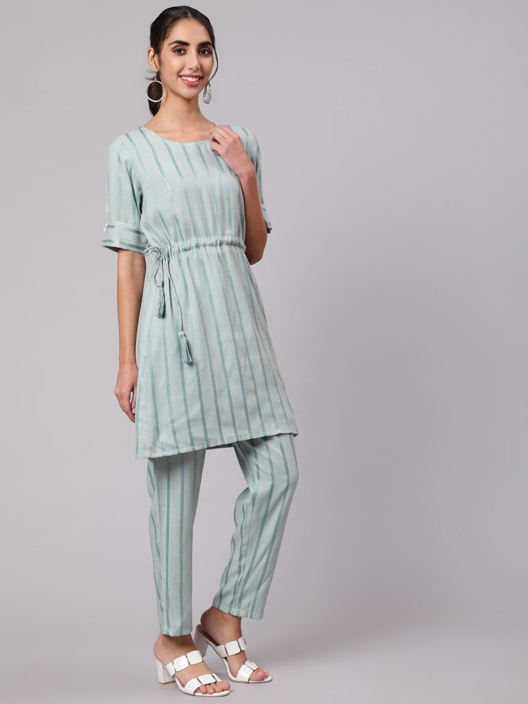 A Blue Rayon Self Weave Embellished Co-Ord Set With A Short Straight Kurta And Straight Pants