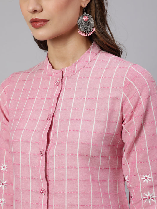 Pink Self Weaved Checkered Straight Embroidered Kurta With Pants