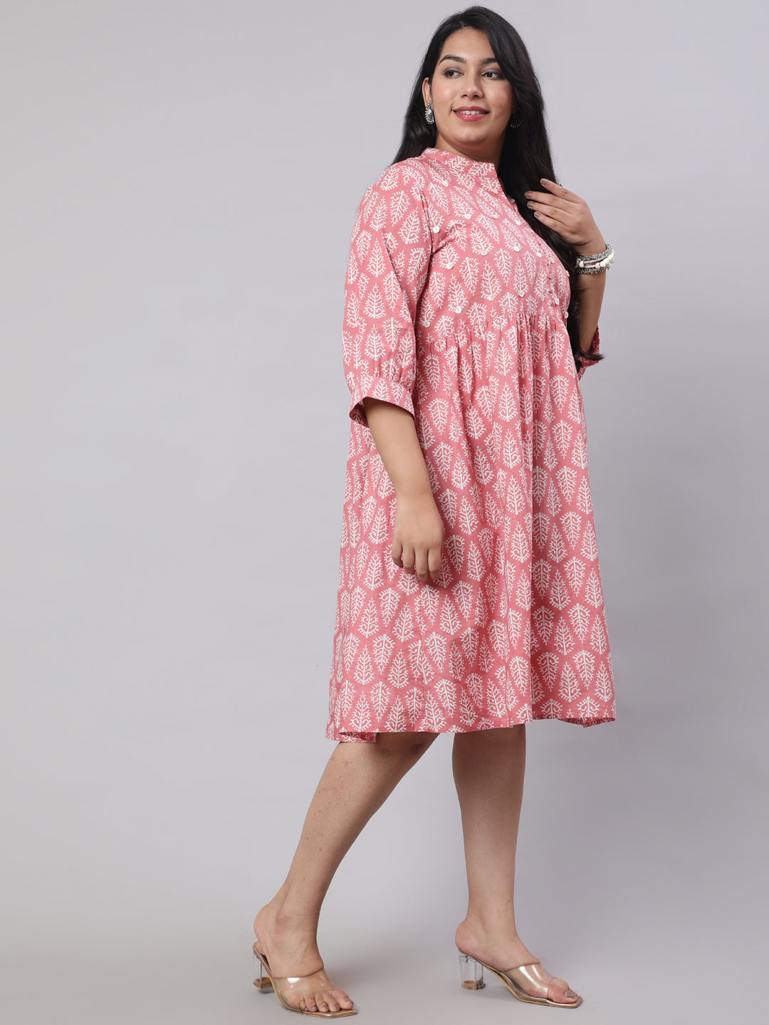 Plus Size Pink Ethnic Printed Flared Dress