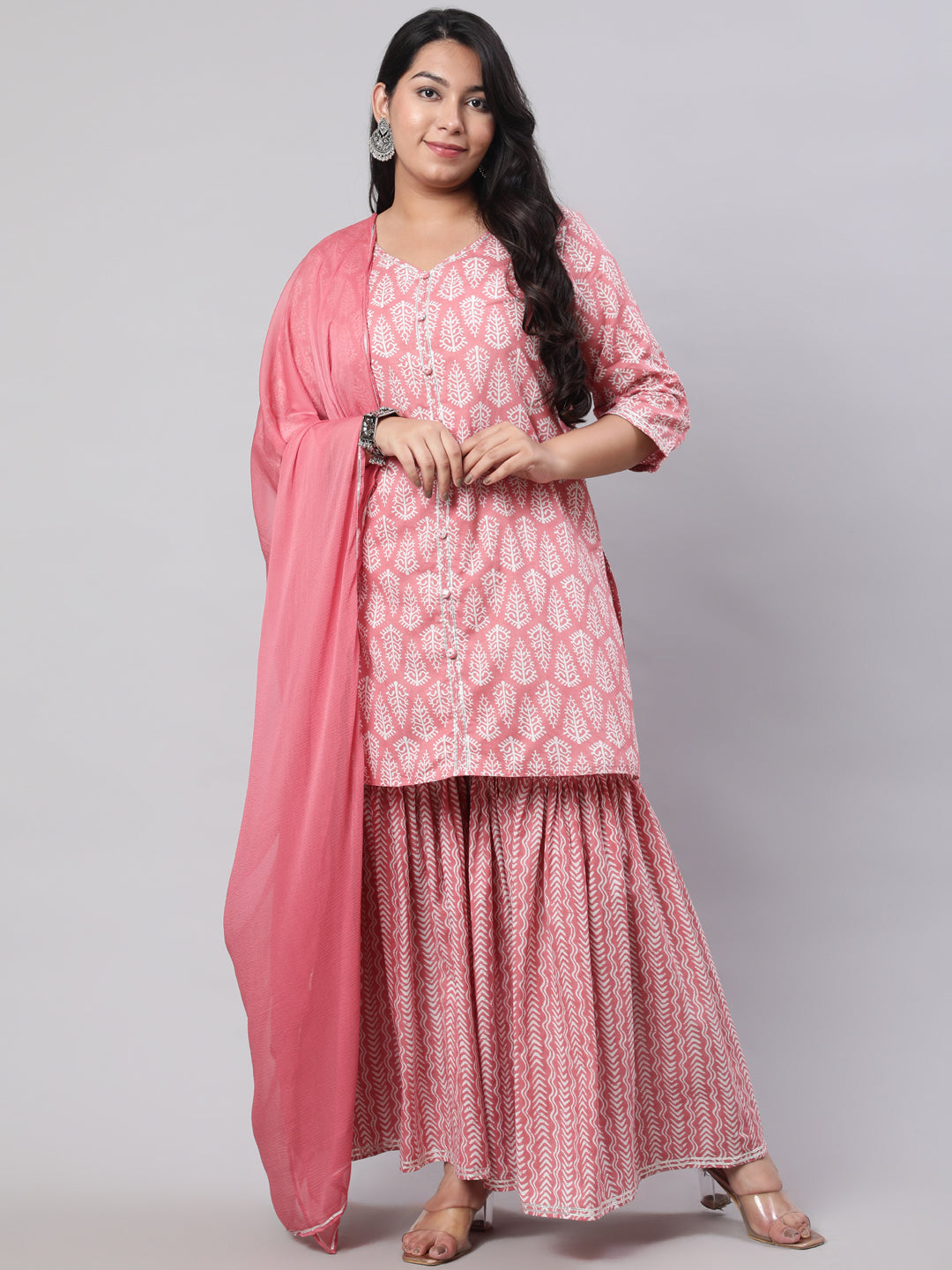 Plus Size Pink Ethnic Printed Kurti With Sharara And Chiffon Dupatta