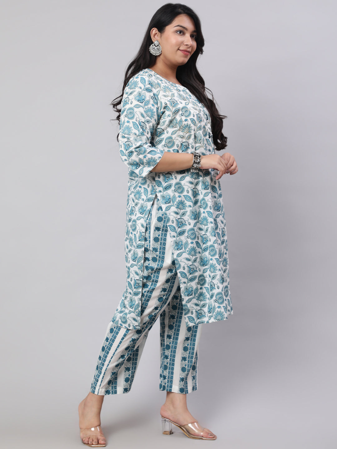 Plus Size Blue Ethnic Floral Printed Embroidered Kurta With Printed Pants And Printed Dupatta