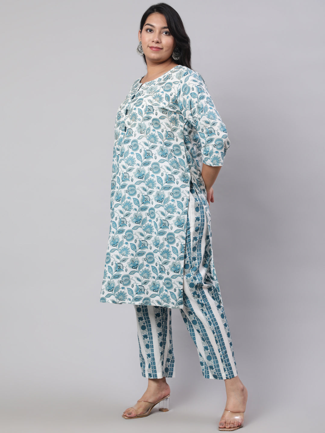 Plus Size Blue Ethnic Floral Printed Embroidered Kurta With Printed Pants And Printed Dupatta