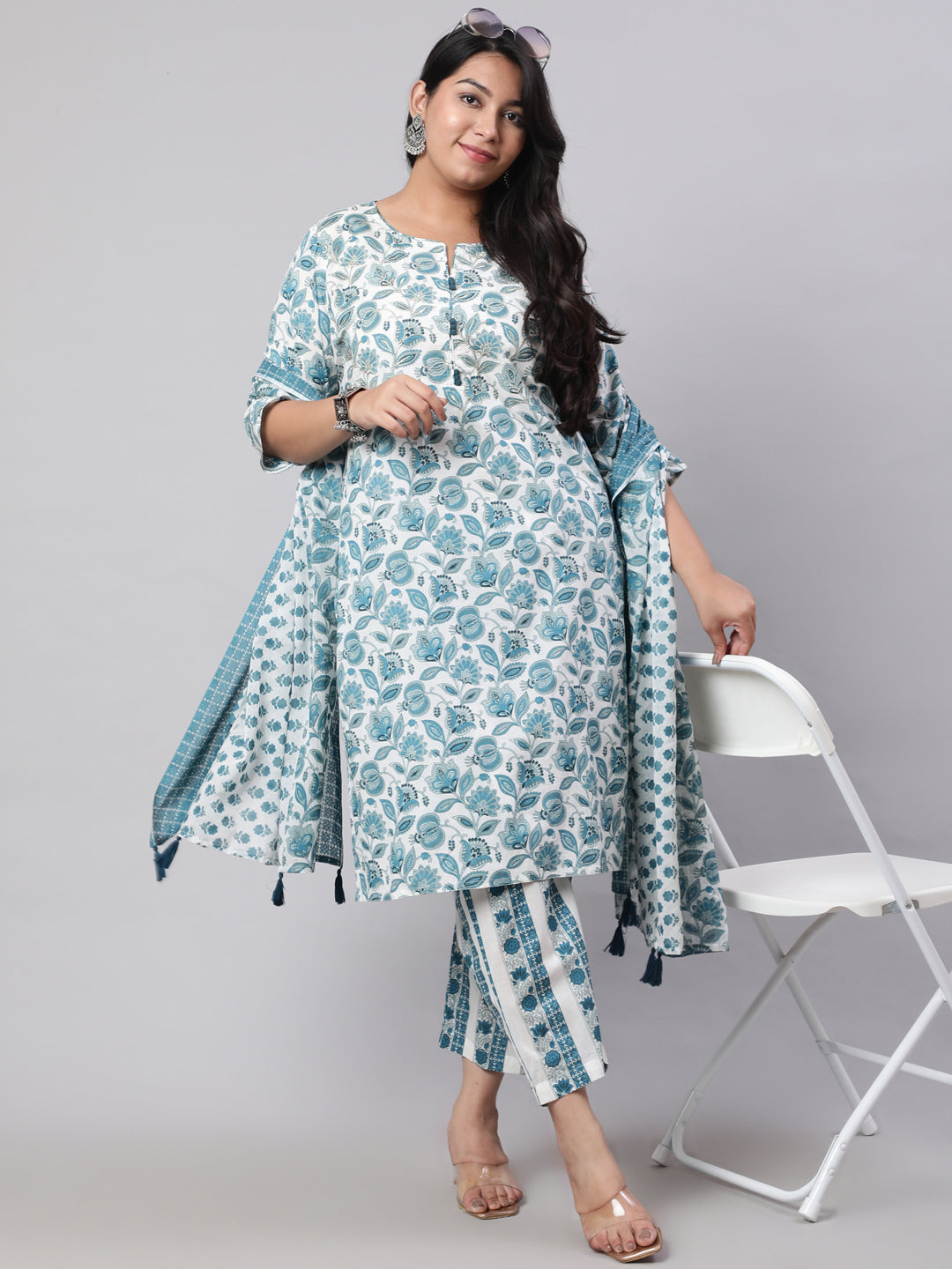 Plus Size Blue Ethnic Floral Printed Embroidered Kurta With Printed Pants And Printed Dupatta