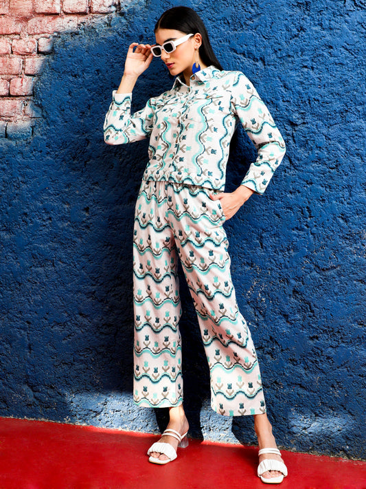 Ikat Printed Cream & Turquoise Blue Jacket With Palazzo Co-ord Set