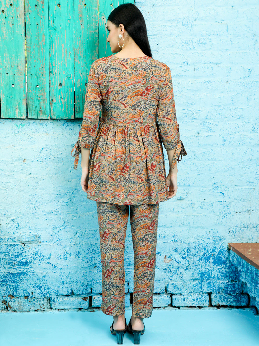 Brown Paisley Printed Peplum Short Kurta With Pants Co-ord Set