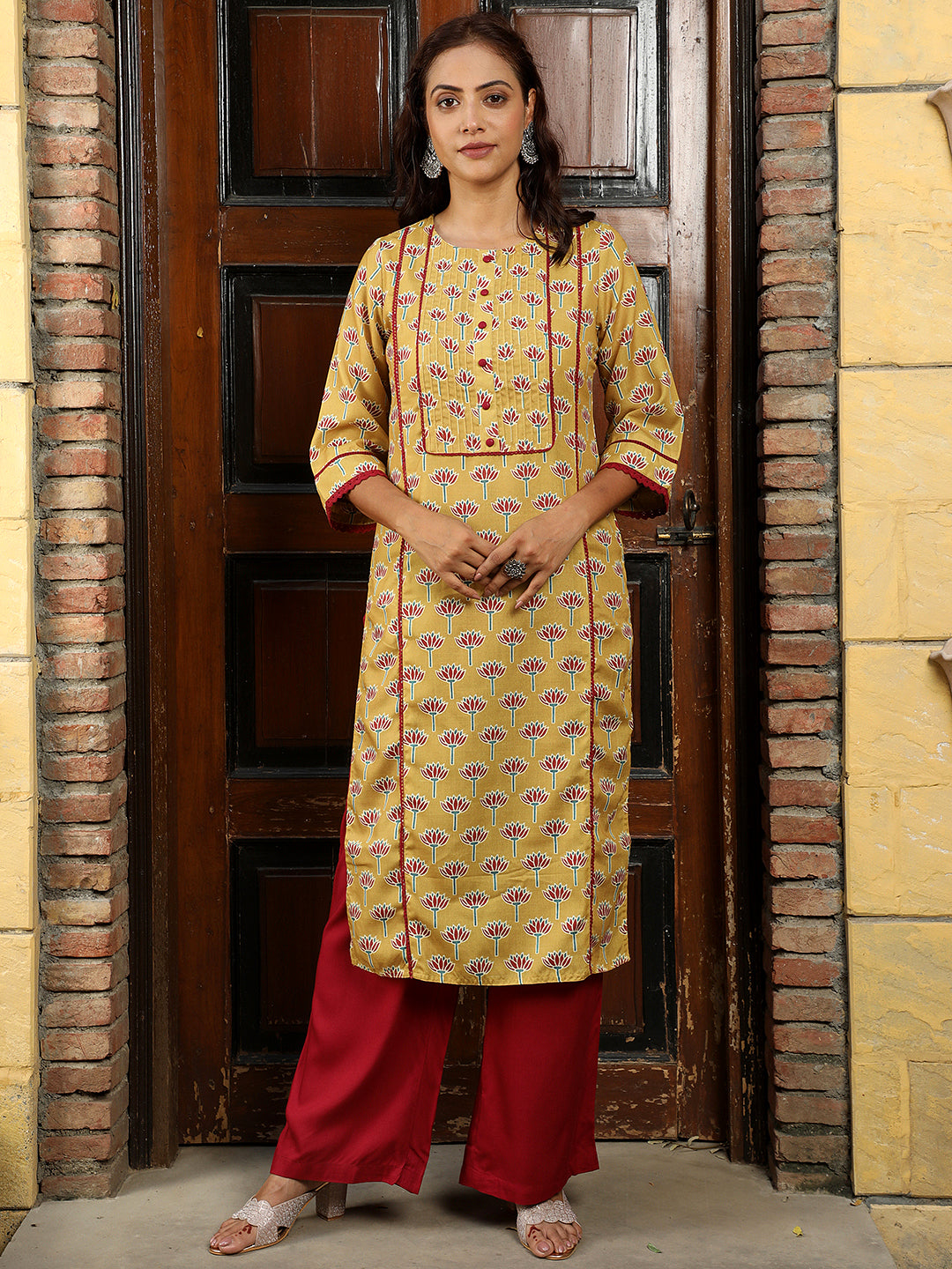 Lotus Print Mustard Straight Kurta