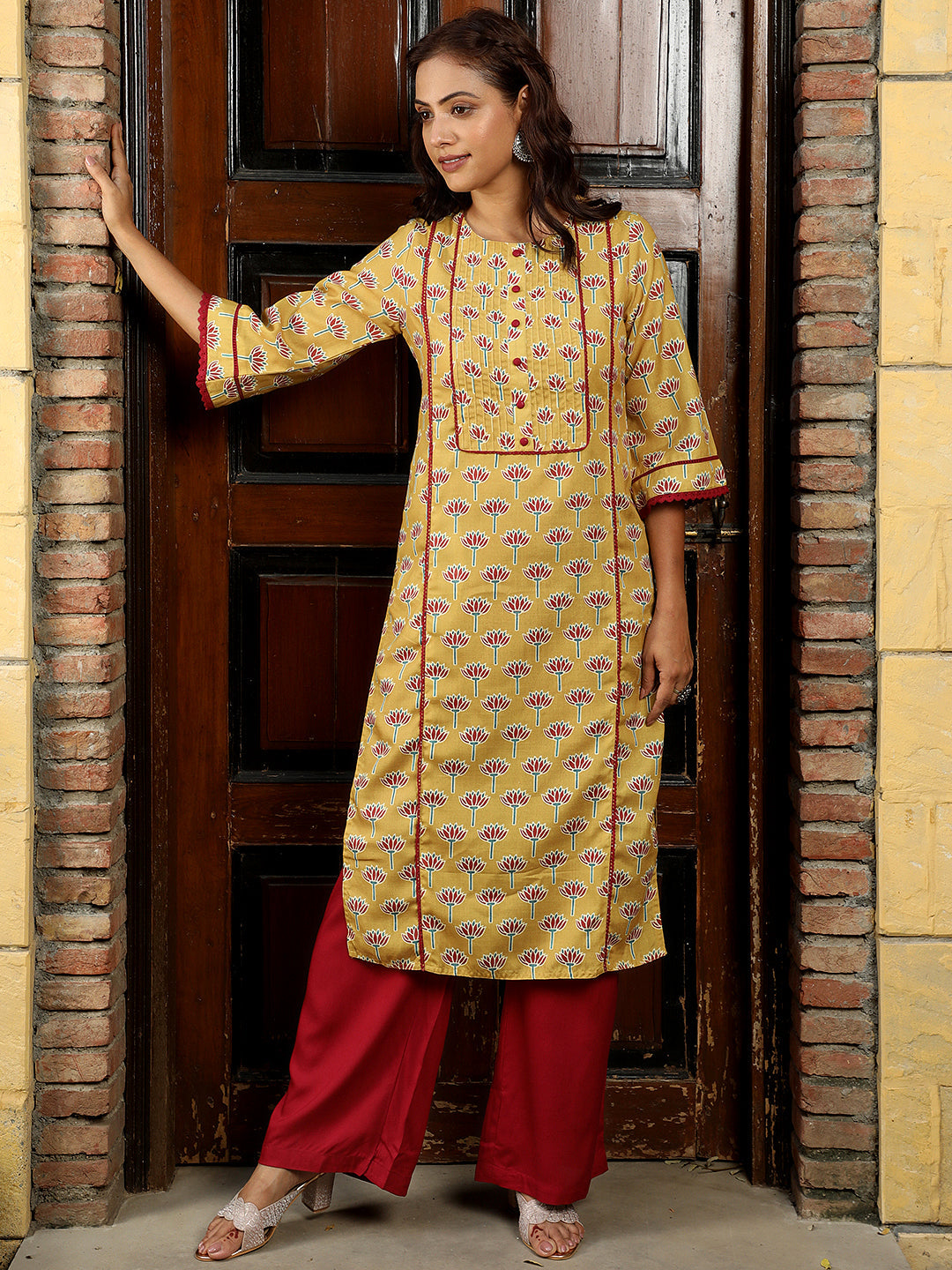 Lotus Print Mustard Short Kurta