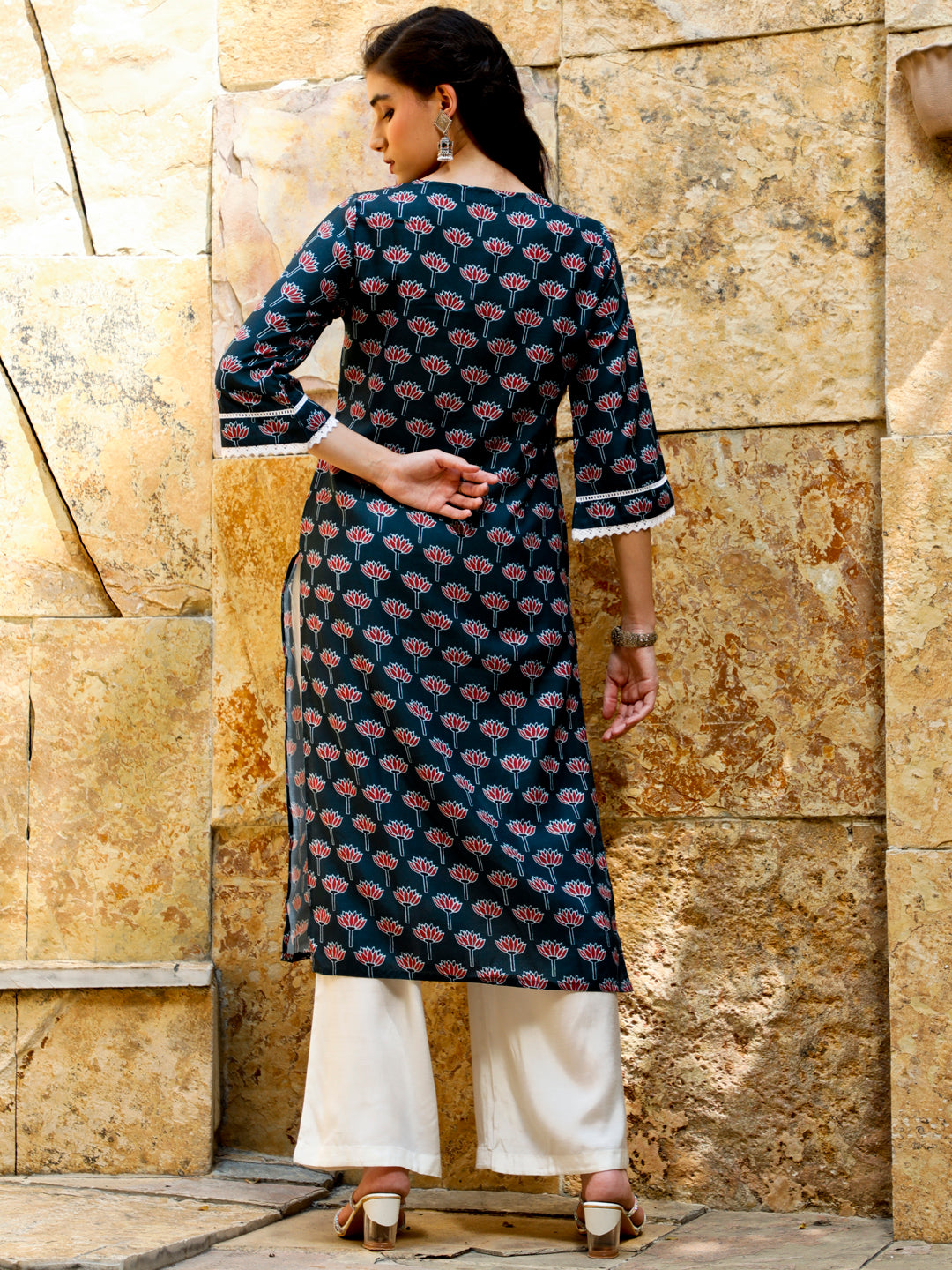 Lotus Print Navy Blue Straight Kurta