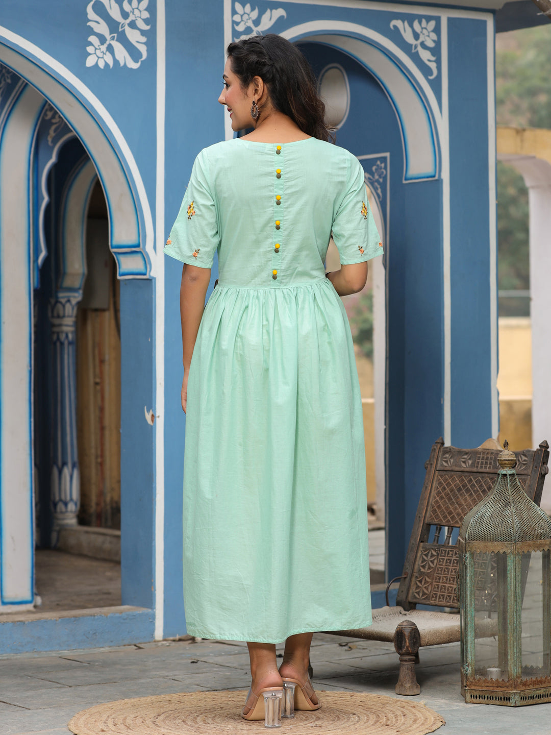 Sea Green Embroidered Flared Dress