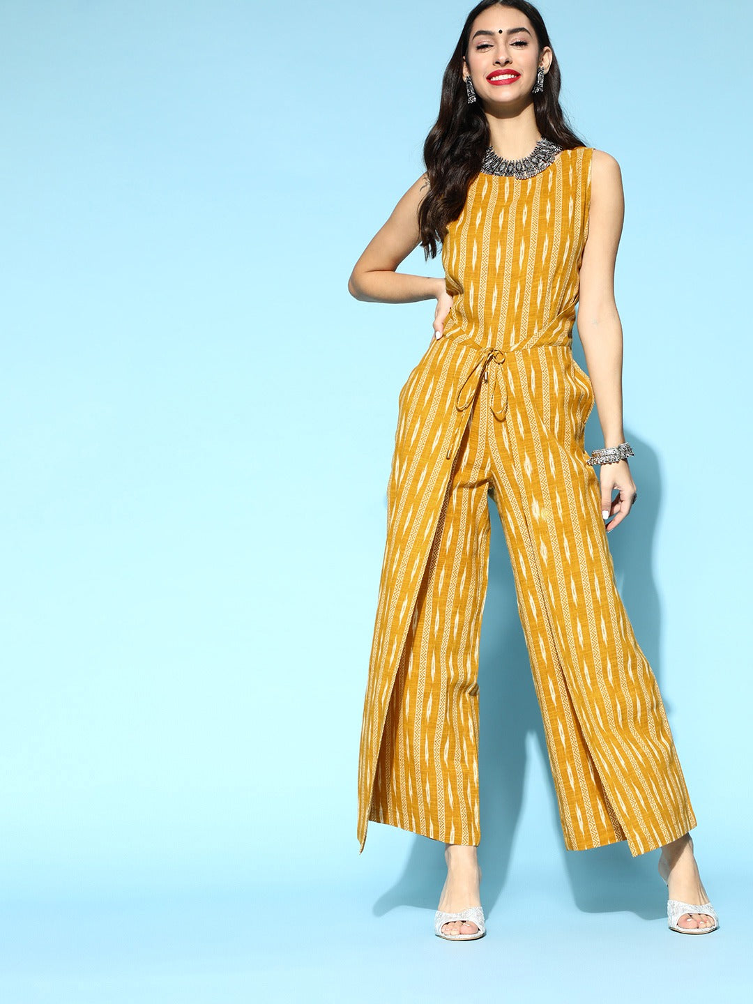 Mustard Ikat Print Cotton Slub Jumsuit