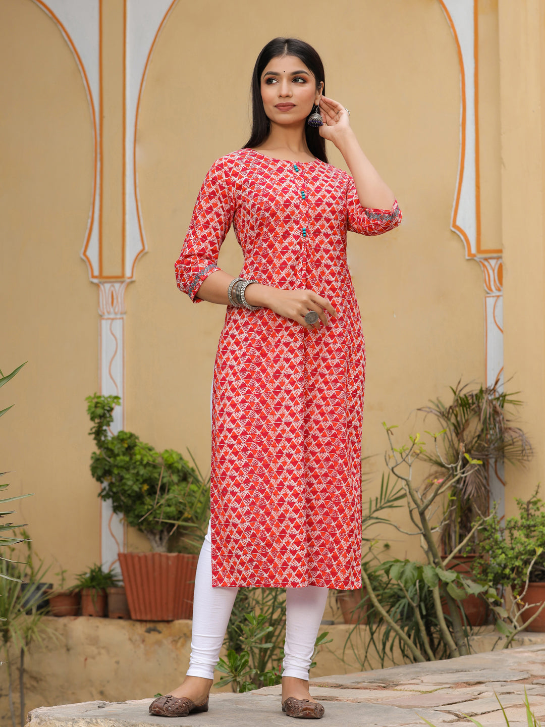 Jaipur Kurti Women Orange Geometric Straight Cotton Kurtas