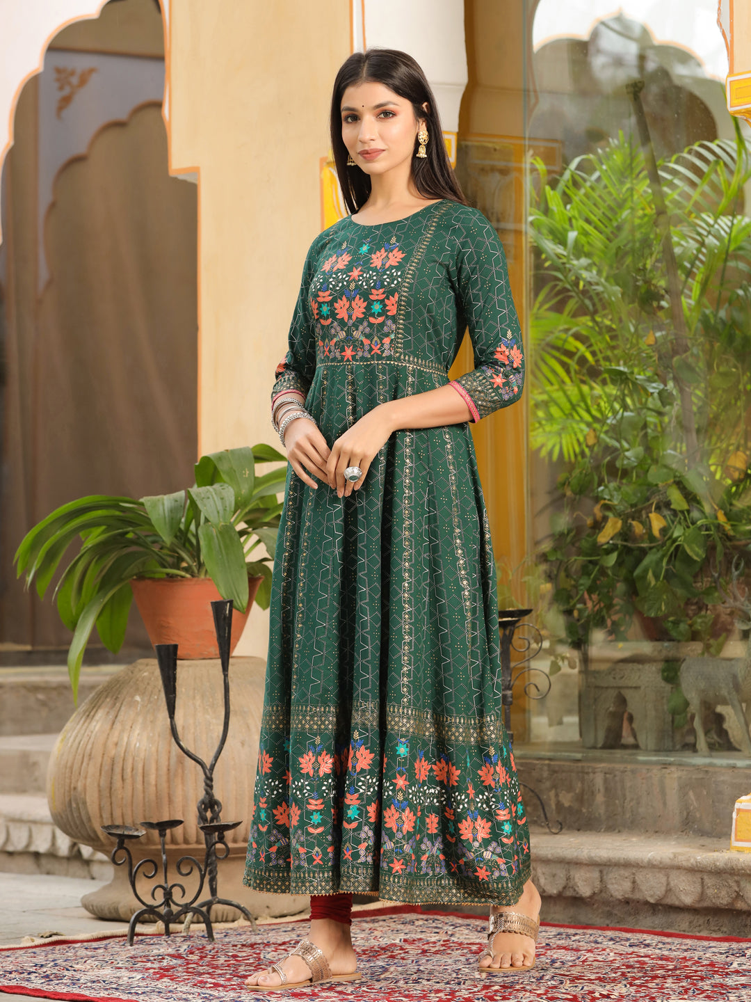 Pista Green Jaipuri Printed Pure Cotton Anarkali Suit