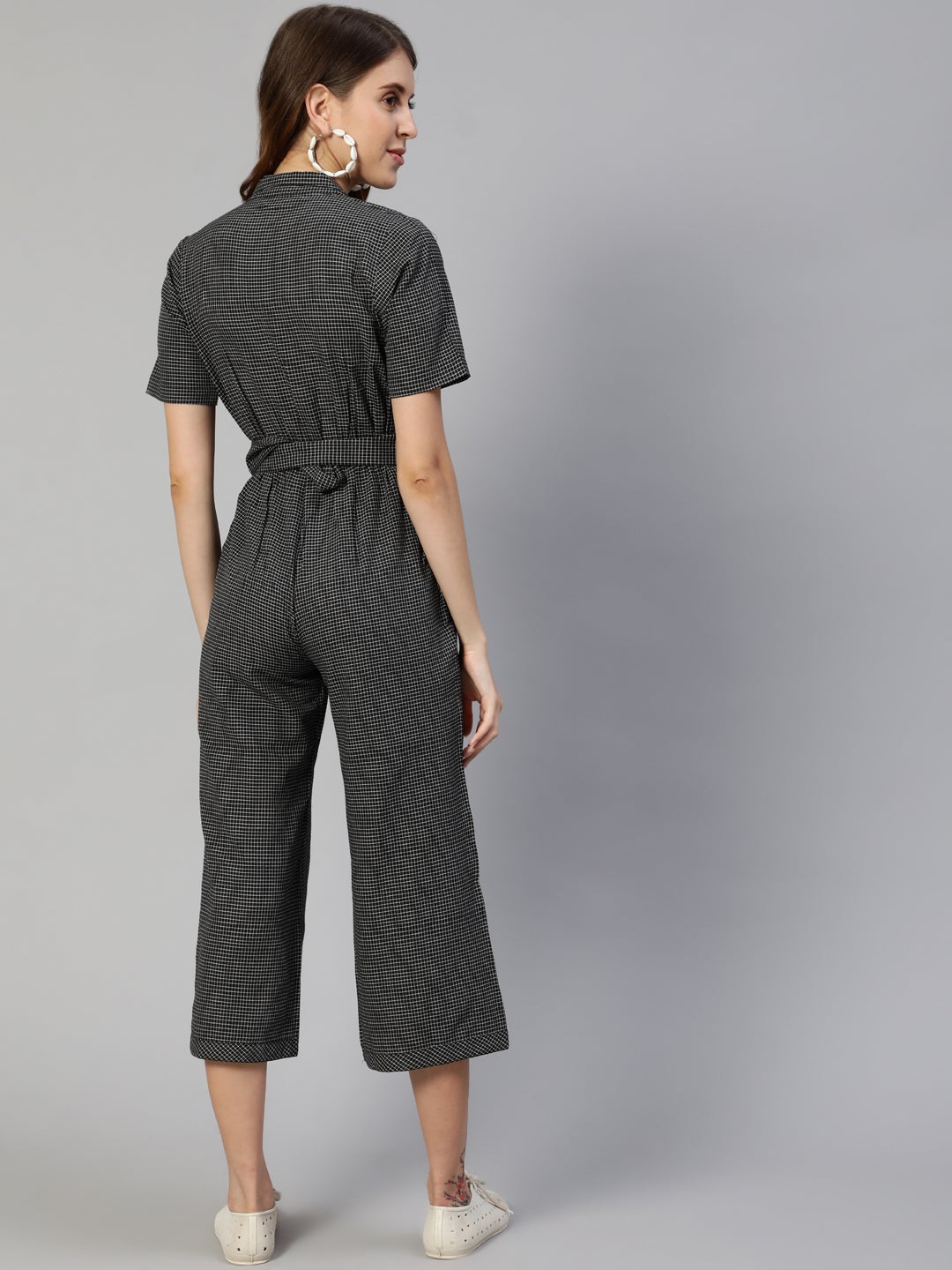 Black Checked Yarn Dyed Straight Jumpsuit