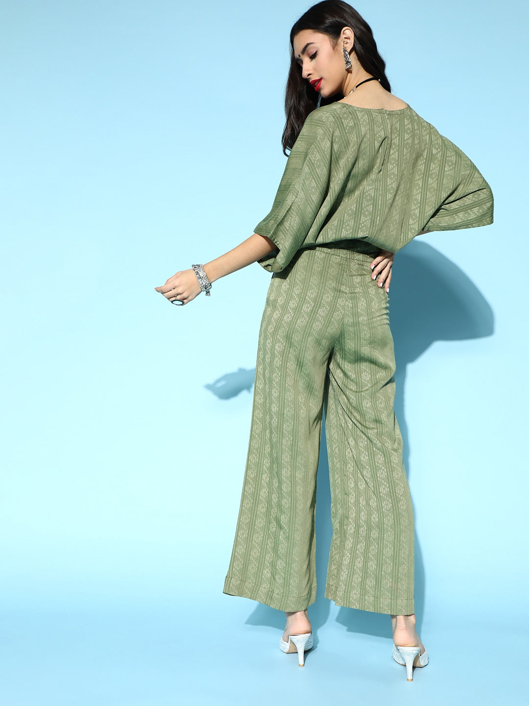 Green Rayon Self Weave Jumpsuit