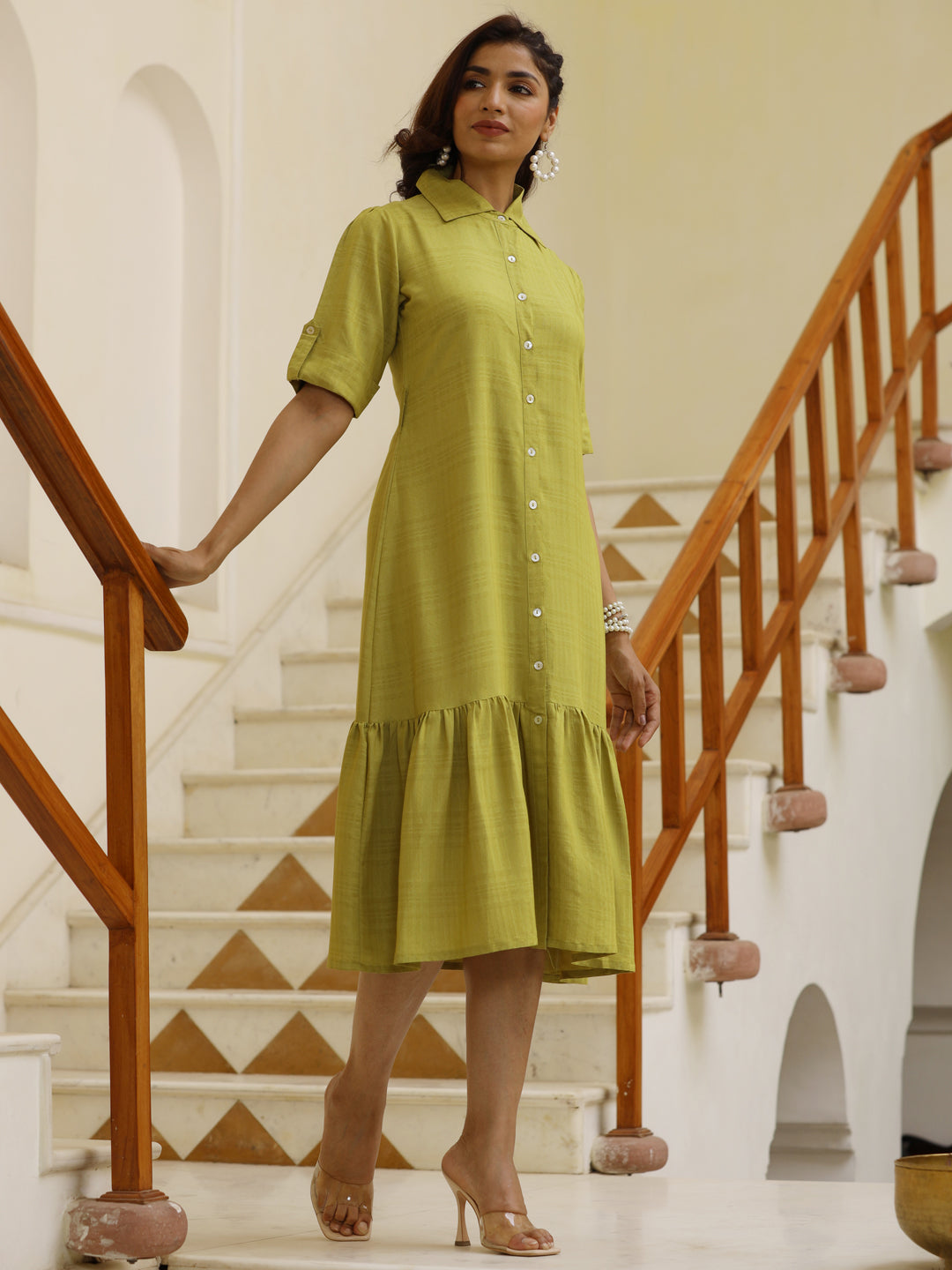 Green Self Weave Rayon Shirt Dress With Belt