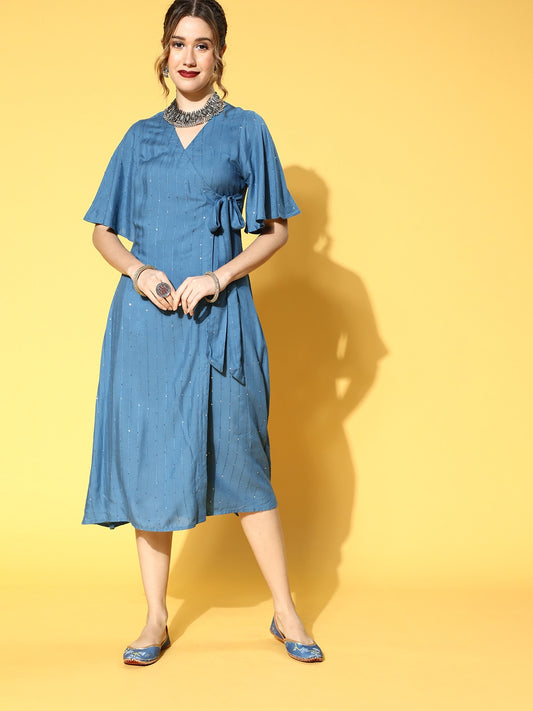 Blue Overlap Flared Rayon Self Weave Sequence Dress
