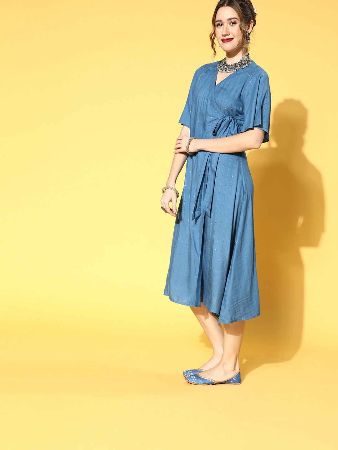 Blue Overlap Flared Rayon Self Weave Sequence Dress