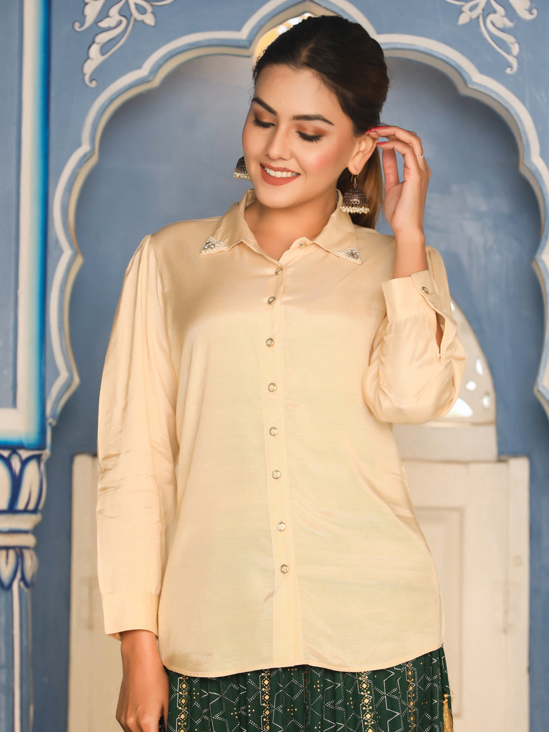 Silk Blend Beige Embellished Shirt