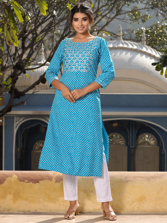 Turquoise blue ethnic printed straight kurta with embroidered yoke