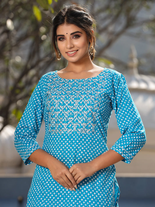 Turquoise blue ethnic printed straight kurta with embroidered yoke