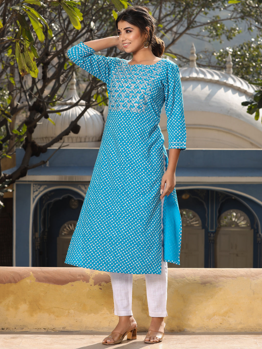 Turquoise blue ethnic printed straight kurta with embroidered yoke