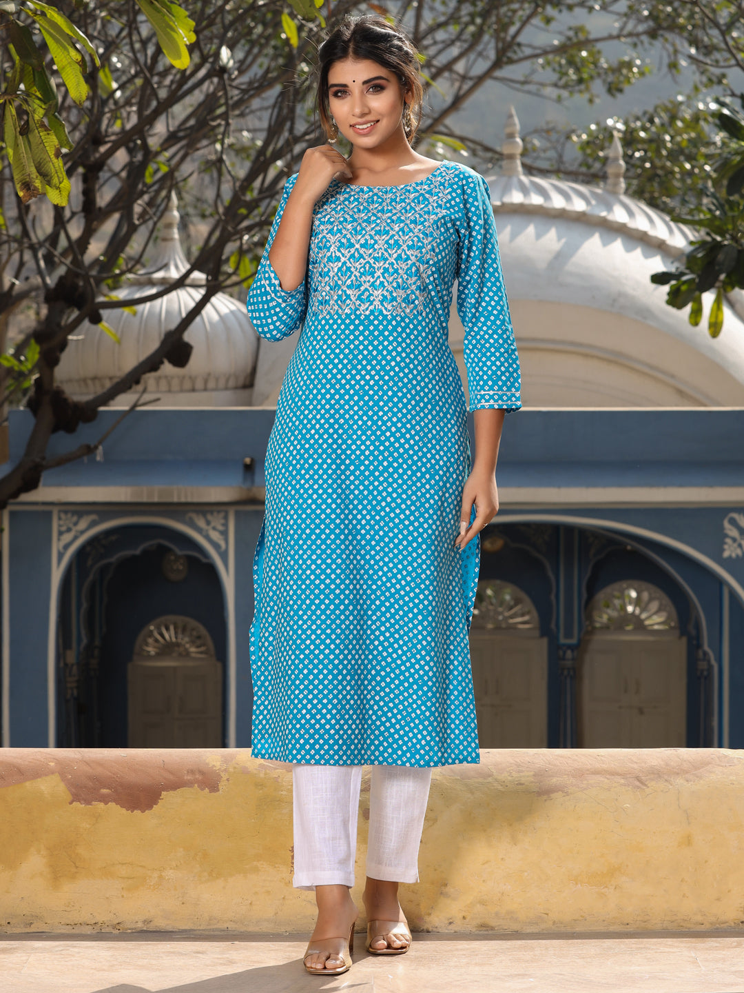 Turquoise blue ethnic printed straight kurta with embroidered yoke