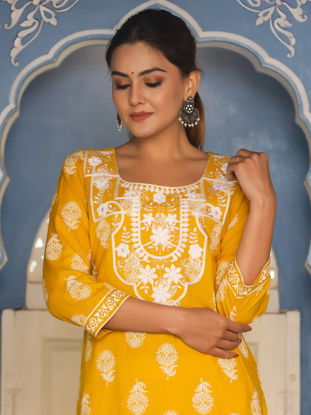 Mustard Heavy Embroidered Khadi Print Straight Kurta