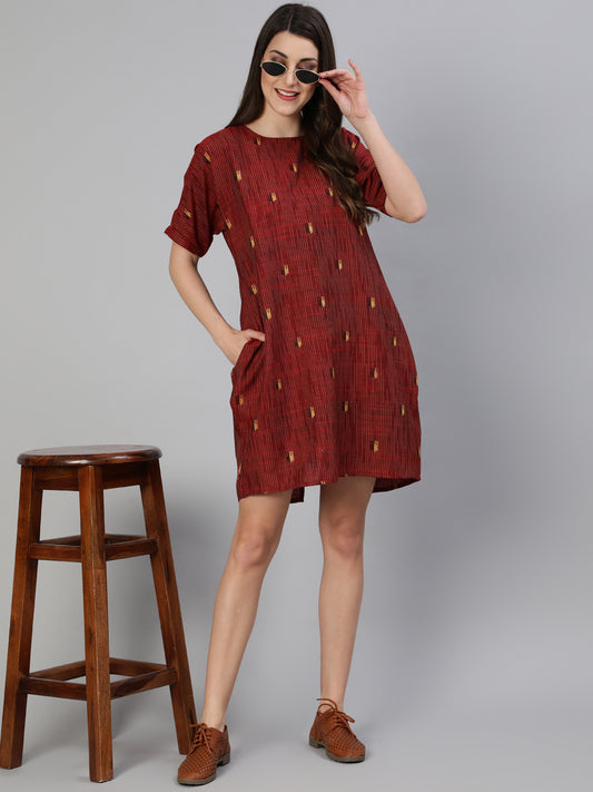 Maroon Yarn Dyed Self Weave Asymetrical Dress