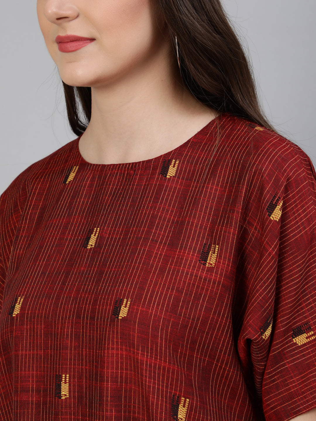 Maroon Yarn Dyed Self Weave Asymetrical Dress