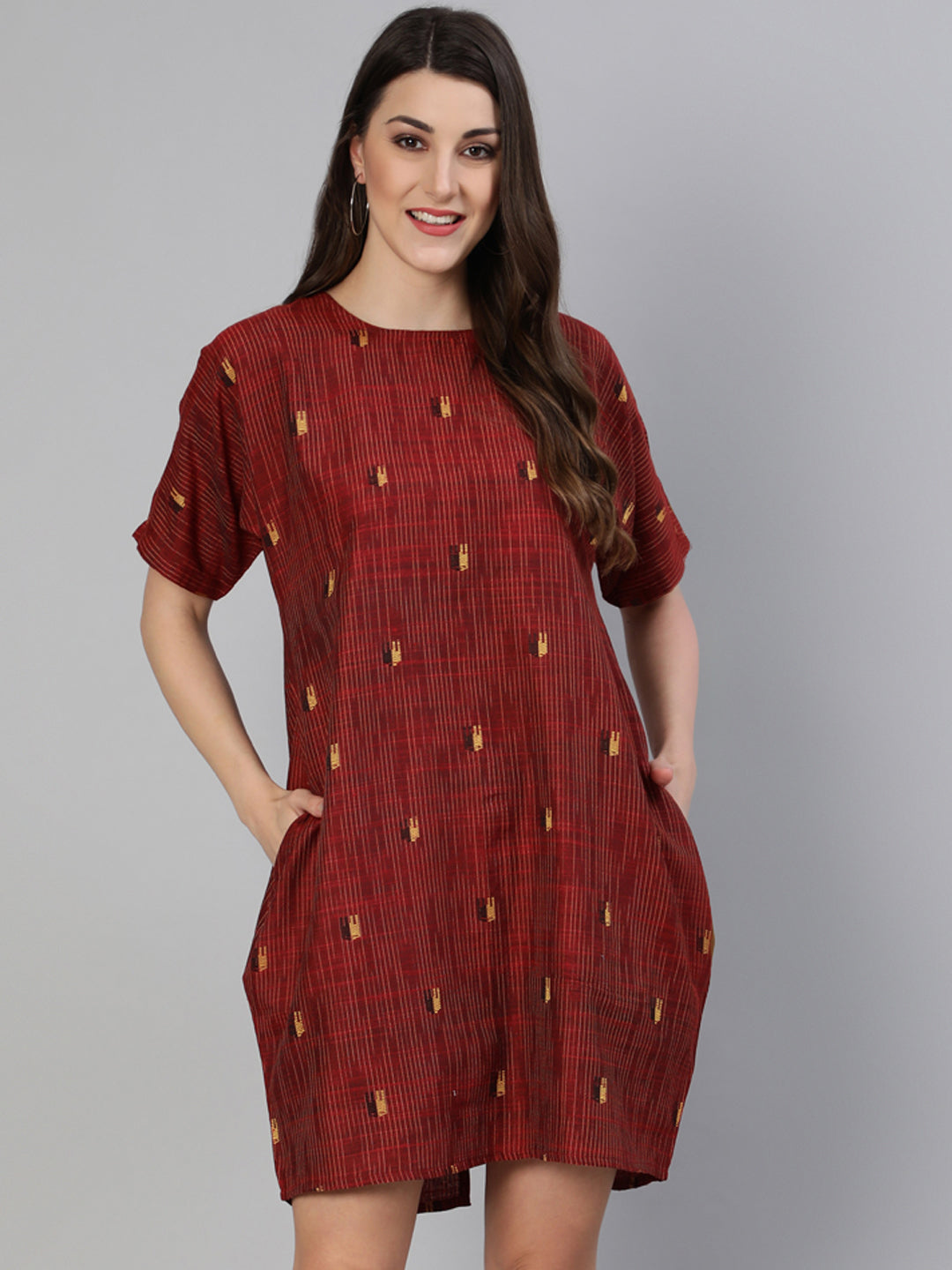 Maroon Yarn Dyed Self Weave Asymetrical Dress