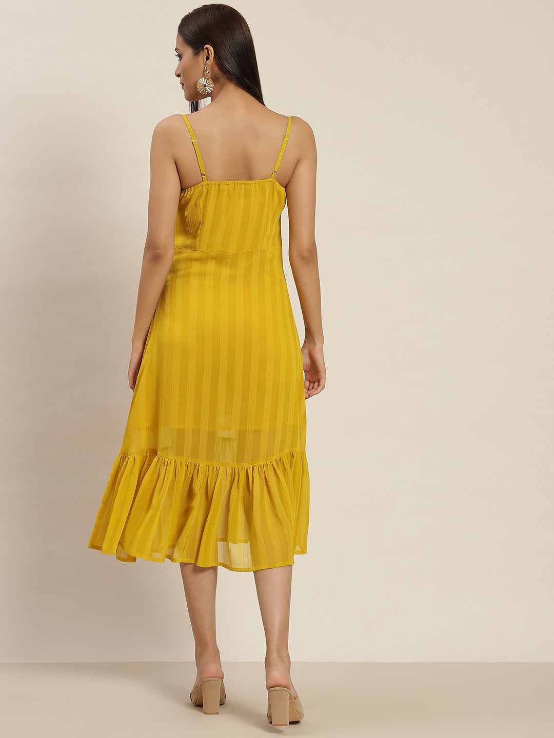 A Yellow Agastya Chiffon Strap Dress With Font Gathers And Flared Hem